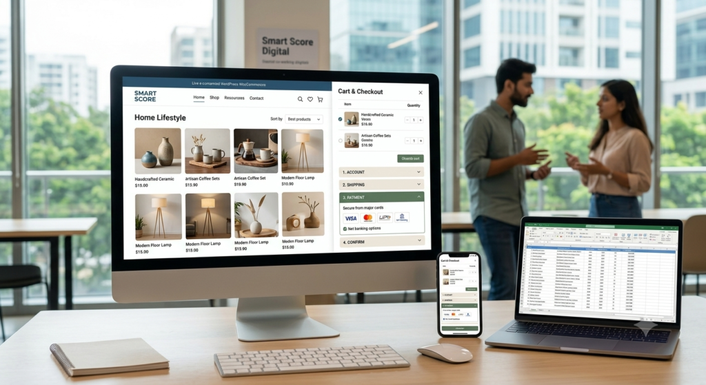 "Desktop display showing an online store layout with product grid, side drawer shopping cart, and secure checkout page by Smart Score Digital"