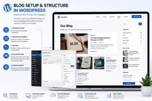 Professional WordPress blog setup and structure showcasing a responsive blog layout, organized categories, SEO-friendly content, recent posts, sidebar widgets, and WordPress dashboard for business websites by Smart Score Digital in Bangalore.
