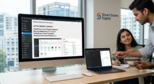 "WordPress website maintenance dashboard showing active security monitoring and core plugin updates managed by Smart Score Digital specialists"