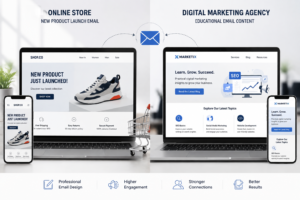 Email Marketing Guide for Businesses | Smart Score Digital Email marketing campaign showing an online store product launch and digital marketing agency educational content for SEO, social media marketing, and website development