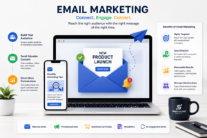 Email Marketing Guide for Businesses | Smart Score Digital Email marketing strategy showing product launch emails, newsletters, audience engagement, lead generation, and conversions