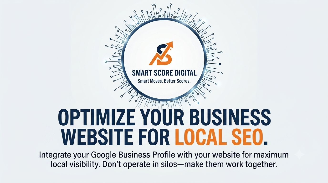 A digital marketing infographic with the Smart Score Digital logo and the headline "OPTIMIZE YOUR BUSINESS WEBSITE FOR LOCAL SEO." The text reads, "Integrate your Google Business Profile with your website for maximum local visibility. Don